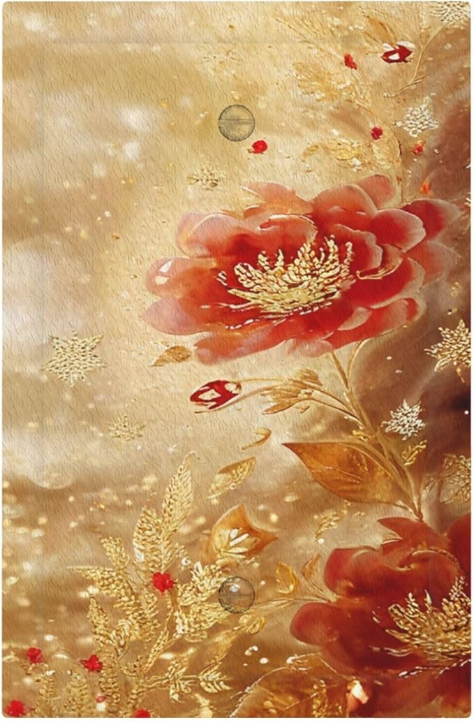 Decorative Light Switch Cover Plate Golden Leaf Red Peony Flowers Floral 1 Gang No Device Single Blank Outlet Covers Wall Plate Cover Switchplate Electrical Faceplate
