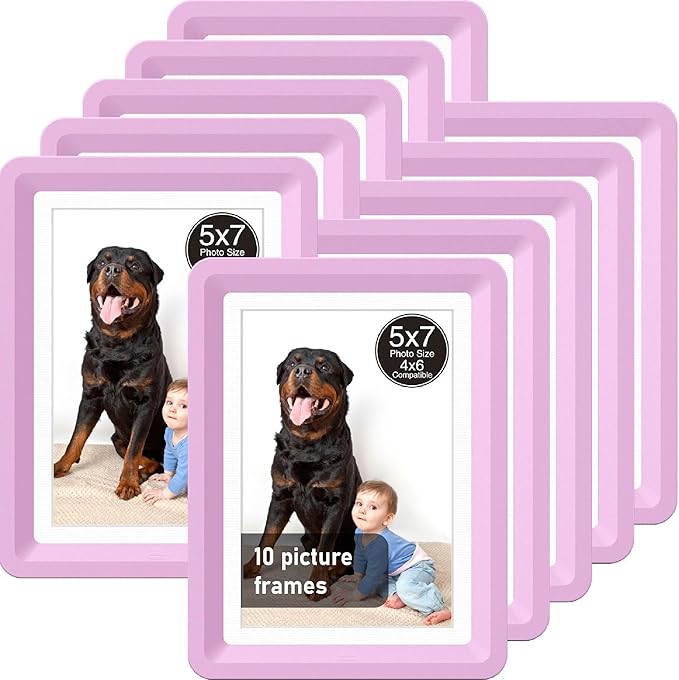 Pink 5x7 Picture Frame with Acrylic Front 10 Pack, ABS Frame for 5x7 or 4x11 Photos, Shatterproof UV-Resistant Tabletop Photo Frame, Vertical/Horizontal Display for Home Décor