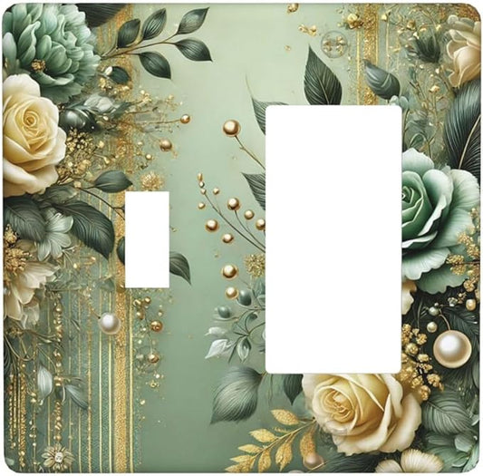 Decorative Outlet Covers Rustic Green Floral Leaves Teal Flowers Gold Stripe 2 Gang 1 Gang Wall Plate Cover Single Toggle Rocker Combo Light Switch Cover Plate Face Plate