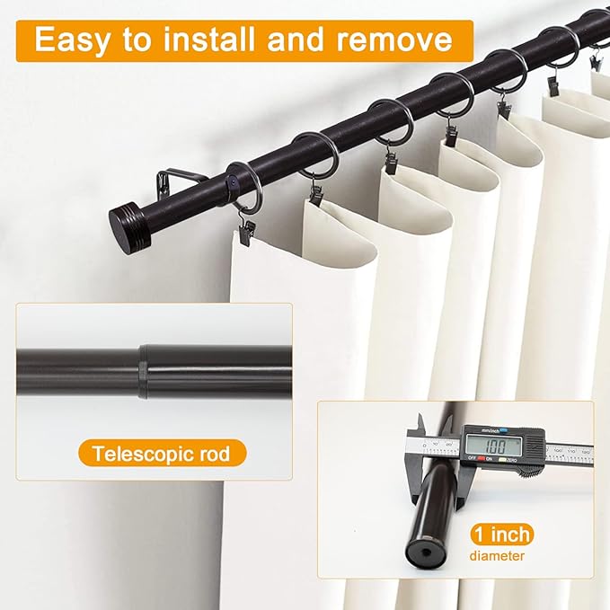 Adjustable Curtain Rods-18 to 88 Inches,1 Inch Modern Metal Drapery Rods, Adjustable Heavy Duty Curtain Pole with Simple End Caps