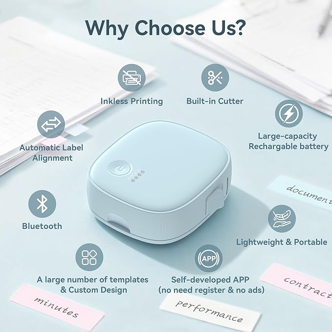 Mini Label Maker Machine with Tape – Portable Bluetooth Mini Label Printer, Wireless Thermal Label Maker, Waterproof & Rechargeable, Built-in Cutter, for Home, Office, School, Kitchen – Blue