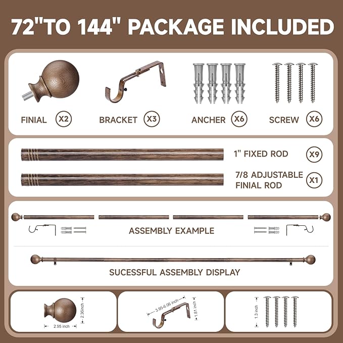 BRIOFOX Walnut Wood Curtain Rods for Windows 72 to 144 Inch(6-12ft) - 1'' Diameter Heavy Duty Curtain Rods with Imitation Wood Grain Pattern Finials,Adjustable Decorative Curtain Rods Set,28-144''