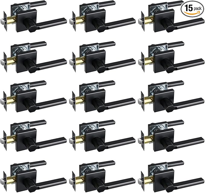 Passage Door Lever (No Lock), Heavy Duty Interior Square Handle for Hallway and Closet, Matte Black, Reversible for Right&Left Handed, 15Packs