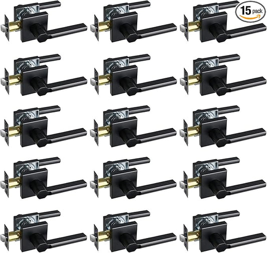 Passage Door Lever (No Lock), Heavy Duty Interior Square Handle for Hallway and Closet, Matte Black, Reversible for Right&Left Handed, 15Packs
