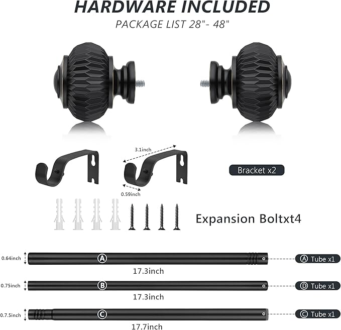 Black Curtain Rods for Windows 28 to 48 Inches 6/8 Inch Adjustable Heavy Duty Curtain Rods with Lantern Ball Finials,Window Treatment Single Curtain Rod Set
