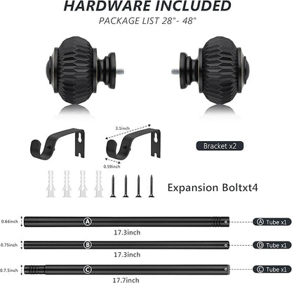 Black Curtain Rods for Windows 28 to 48 Inches 6/8 Inch Adjustable Heavy Duty Curtain Rods with Lantern Ball Finials,Window Treatment Single Curtain Rod Set