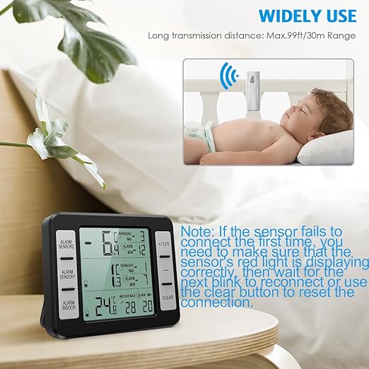 (New Version) AMIR Refrigerator Thermometer, Wireless Indoor Outdoor Thermometer, Sensor Temperature Monitor with Audible Alarm Temperature Gauge for Freezer Kitchen Home (Battery not Included)