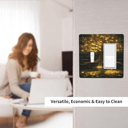 Decorative Outlet Covers Golden Shining Fantasy Kabbalah Tree of Life 2 Gang Wall Plate Single Toggle 1 Rocker Light Switch Cover Switch Plate Covers Faceplate for Bedroom Home Decor