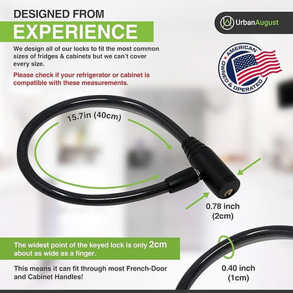 Urban August Child-Proof Refrigerator Lock for Kids & Adults - Lock for French Door Fridge and Cabinet (Regular, Black - 2 Pack)