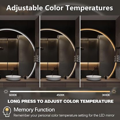 Niccy Half Moon LED Mirror for Bathroom, 48" Semi Backlit Mirror Frameless Makeup Mirror with Light, Anti-Fog, Shatter-Proof, 3 Colors, Smart Vanity Mirror