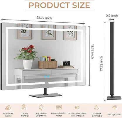 Vanity Mirror with Lights, 23.27 x 17.7 Inch LED Makeup Mirror, Lighted Makeup Mirror with Dimmable 3 Modes, Smart Touch Control, Aluminum Frame and Tempered Glass Base, Dark Gray