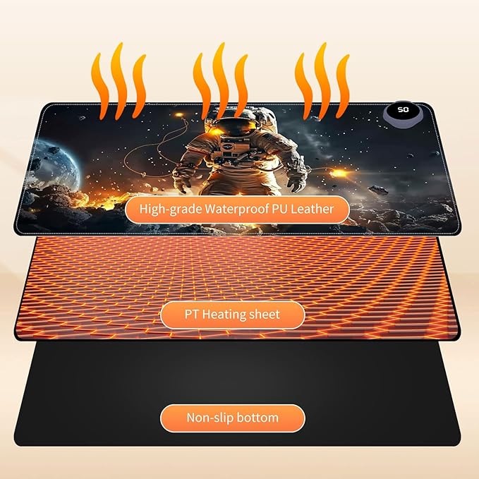Heated Mouse Pad for Desk 31.5" x 13" – PU Leather Warm Desk Pad with 3 Heat Levels (104°F/113°F/122°F), Plug-in Electric Heating Mat with Auto Shut-Off, Waterproof & Rollable, Astronaut