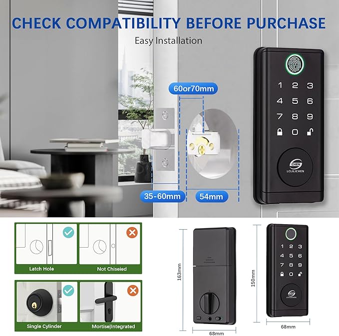 Smart Door Lock, Keyless Entry Deadbolt with Fingerprint, Biometric Electronic Door Lock with Keypad & App Control, Easy Installation for Front Door, Home, Office