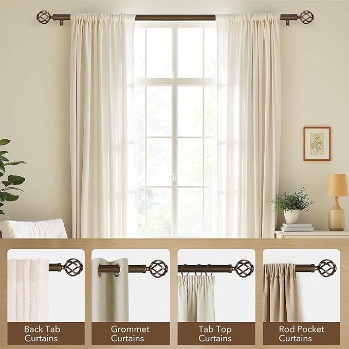 Curtain Rods for Windows 72 to 144, 1 Inch Adjustable Decorative Long Bronze Curtain Rod with Twisted Cage End, Modern Heavy Duty Outdoor Drapery Rods for Patio, Telescoping Splicing, Size 32" - 150"
