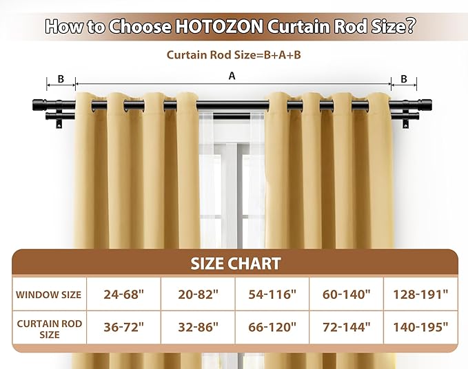 Double Curtain Rod 140 to 195 Inch, HOTOZON 1 Inch Heavy Duty Double Curtain Rods for Windows 128 to 191 Inches(10.6-15.9 ft), Telescoping Drapery Rod with Simple End Finials, Black