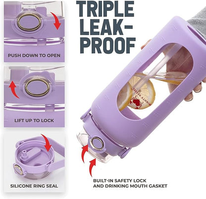 64 oz Glass Water Bottle – Lavender | Leakproof Half Gallon Glass Jug with Straw, Silicone Sleeve & Time Marker – Travel, Gym, Pregnancy, Daily Water Goals