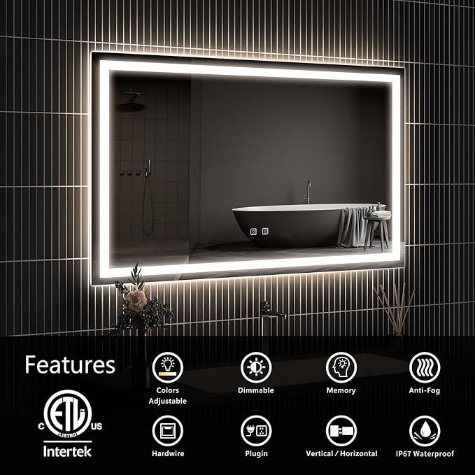 APRILSOUL 42x30 Inch LED Bathroom Mirror with Front and Backlit, Makeup Mirror with 3 Color Lights, Memory Function, Anti-Fog and Dimmable Light (Horizontal/Vertical)