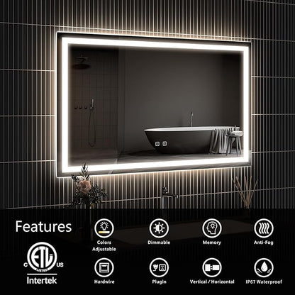 APRILSOUL 42x30 Inch LED Bathroom Mirror with Front and Backlit, Makeup Mirror with 3 Color Lights, Memory Function, Anti-Fog and Dimmable Light (Horizontal/Vertical)