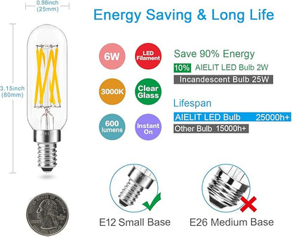 Dimmable T8 Antique LED Light Bulb, E12 Small Candelabra Base, 60W Equivalent Tube Soft White 3000K, 600 Lumens, 6-Watt Filament Edison Bulb for Chandelier, Home, Clear Glass (8-Pack)