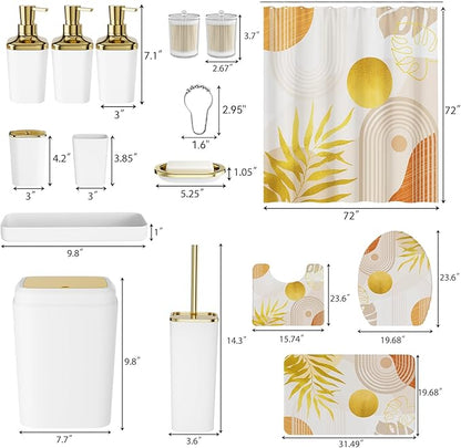 Bathroom Set - Bathroom Sets with Shower Curtain and Rugs, Bathroom Accessory Set, White Bathroom Accessories Set with Trash Can, Toilet Brush and Soap Dispensers