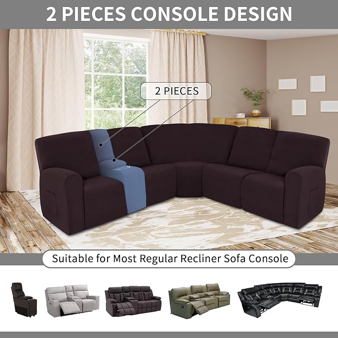 Easy-Going 100% Waterproof Recliner Console Cover, Stretch Middle Console Couch Covers for Reclining Sofas, Sectional L-Shape Furniture Protector for Kids & Pets, 1 Console Cover, Chocolate