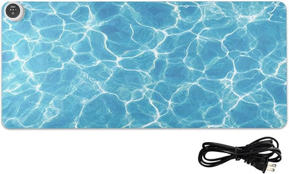 Heated Desk Pad Mouse Pad 31.5x13 Inch PU Leather Desk Mat with 3 Heat Levels Large Mouse Gaming Computer Laptop Mat Bright Blue Pool Ripples