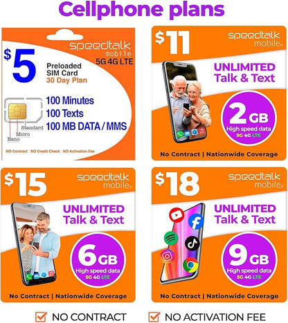 SpeedTalk Mobile SIM Card Starter Kit, Smartphone Cell Phone, GPS Tracker and IoT, Plan Starting at $5 Prepaid, Data, Talk and Text, High Speed 5G 4G LTE, Android iOS, USA, 3 in 1 SIM Kit