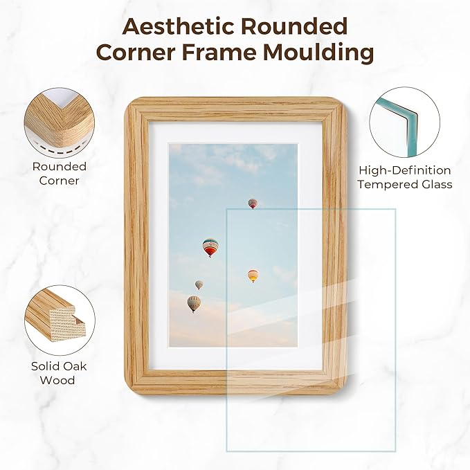 8x10 Picture Frame, Rustic 8 by 10 Photo Frame for Wall & Tabletop Display - Solid Oak Wood & Tempered Glass, 8x10 Picture Frame Matted to 5x7, Wood Collage Frames for Home, Natural Oak Color, 1 Pack