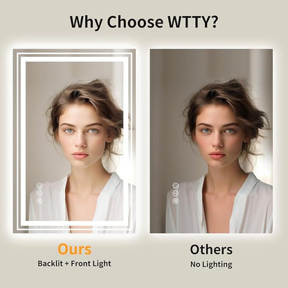 WTTY LED Bathroom Mirror 30"x36" with Backlit and Front Light,Dimmable LED Mirror for Bathroom,Anti-Fog Lighted Bathroom Vanity Mirror Modern for Wall,Memory Function,Shatter-Proof