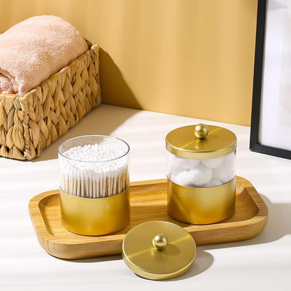 Gaussra Gold Qtip Holder, Apothecary Jars - Stainless Steel Bathroom Jar with Stickers - Farmhouse Decor Qtip Dispenser for Qtips, Cotton Balls, Swabs, Makeup Sponges (2-Pack)