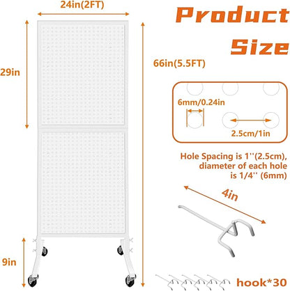 Royxen Metal Pegboard with 30 Hooks and Wheels,2 x 5.5 Feet Pegboard Display Rack, Standing Pegboard Display for Home and Store, White