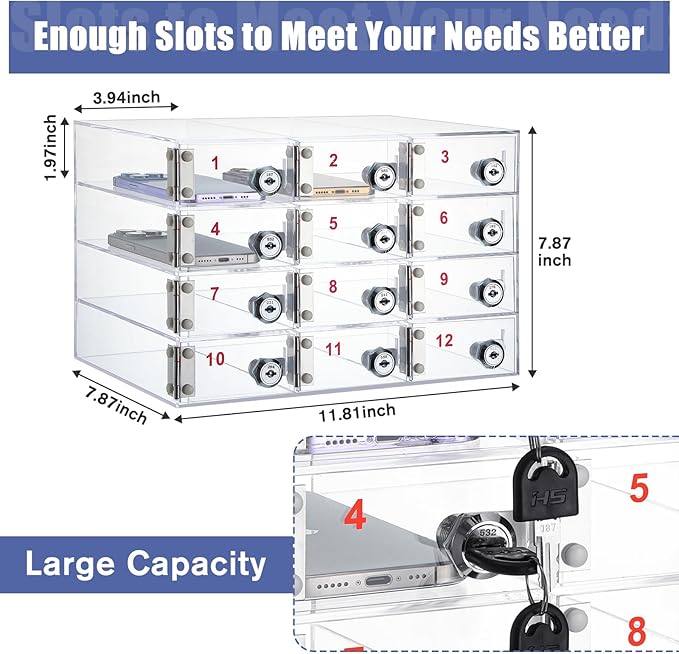 Layhit 12 Slots Cell Phone Locker Box for Classroom Clear Acrylic Cell Phone Storage Cabinet Bin with Door Locks for Classroom School Students Office Factory Employees