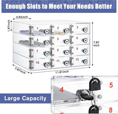 Layhit 12 Slots Cell Phone Locker Box for Classroom Clear Acrylic Cell Phone Storage Cabinet Bin with Door Locks for Classroom School Students Office Factory Employees