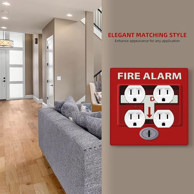 Decorative Outlet Covers Artistic Red Fire Alarm Motifs 2 Gang Wall Plate Cover Double Duplex Receptacle Two Switch Light Switch Cover Plate Jumbo Dual Faceplate for Home Decor