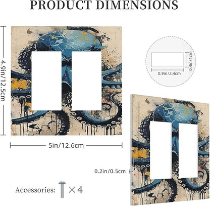 Decorative Outlet Covers Nautical Vintage Blue Octopus Yellow Eyes Oil Watercolor 2 Gang Double GFCI Rocker Electrical Wall Panels Light Switch Cover Plate for Kids room Nursery Decor