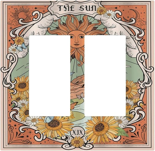 Boho Retro Sun Sunflower Vintage Flower Butterfly Decorative Outlet Covers 2 Gang Double GFCI Rocker Electrical Wall Panels Light Switch Cover Plate for Farmhouse Home Decor