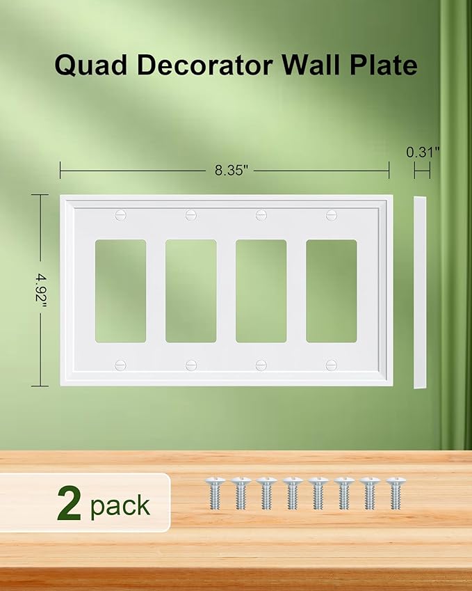 2-Pack Quad Decorator Outlet Cover Plate, White Decorative Switch Plates and Outlet Covers, Natural Bamboo Fiber Wall Plates for Electrical Outlets, Receptacle, GFCI Outlet, Dimmer Switch