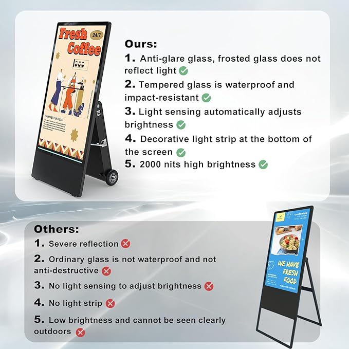 43 Inch Outdoor Digital Signage Displays, Rechargeable Digital LCD Kiosks, Moveable Commercial Totem, IP65 Waterproof, Auto Adjustment 2000nits High Brightness Screen, High Capacity Battery for Restaurant/Bar/Food Truck/Store