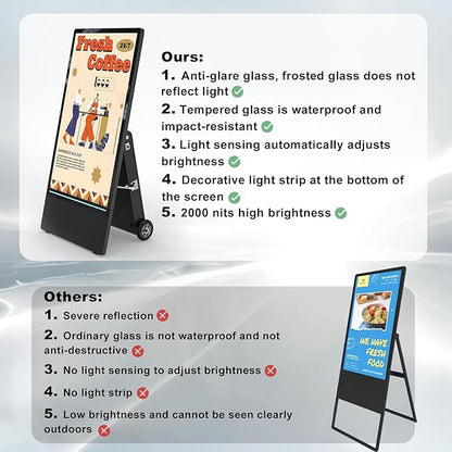 43 Inch Outdoor Digital Signage Displays, Rechargeable Digital LCD Kiosks, Moveable Commercial Totem, IP65 Waterproof, Auto Adjustment 2000nits High Brightness Screen, High Capacity Battery for Restaurant/Bar/Food Truck/Store