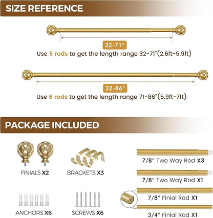 KAMANINA Curtain Rods for Windows 48 to 84 Inch, Gold Heavy Duty Curtain Rod Adjustable, 7/8 Inch Single Decorative Drapery Rod 32 to 86 Inch(2.6-7.1Ft), Netted Texture End