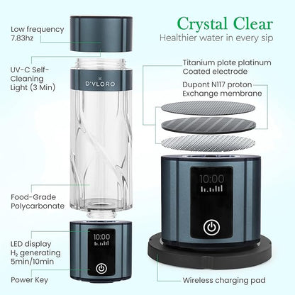 D’VLORO Hydrogen Bottle – Portable 10 OZ H₂ Infuser Hydrogen-Water-Bottle with UV Light – Electric Water Bottle 7.83Hz Tech, Wireless Charging Pad, 5-10 Min Cycles, Up to 4000+ PPB Concentration