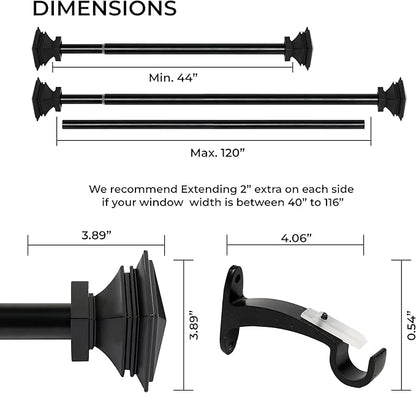 Deco Window Adjustable Curtain Rod for Windows 44 to 120 Inch (Pack of 1) Extendable Heavy Duty 1 Inch Iron Drapery Pole with Finials Wall Mounted French Door Curtain Rods (Black)