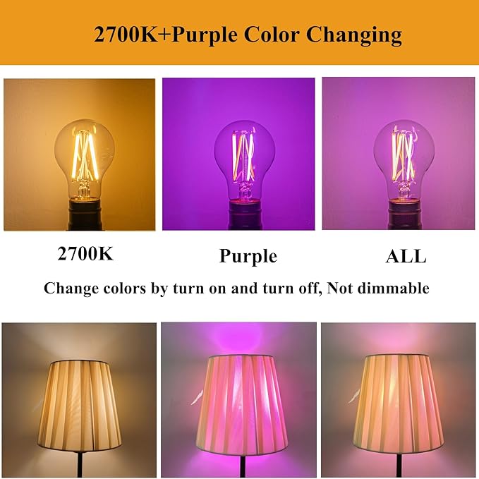 3 Color Temperature LED Bulb E26 Medium Base 60W Equivalent, 2700K Warm White and Purple Color Changing Light Bulb 3CCT A19 LED 6W Clear Glass, Not Dimmable, 2 Pack