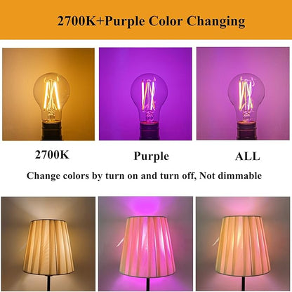 3 Color Temperature LED Bulb E26 Medium Base 60W Equivalent, 2700K Warm White and Purple Color Changing Light Bulb 3CCT A19 LED 6W Clear Glass, Not Dimmable, 2 Pack