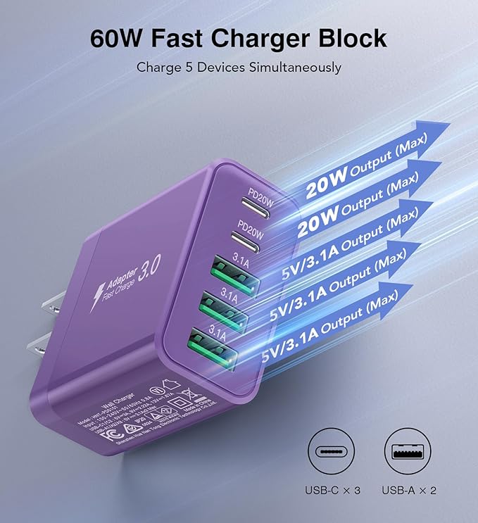 [2-Pack] USB C Wall Charger, 60W Fast USB C Charger Block, 5-Port PD Power Adapter + QC Wall Plug Multiport Type C Charging Block Cube Compatible with iPhone 17 16 15 14 13 12 Pro Max XR XS, Purple