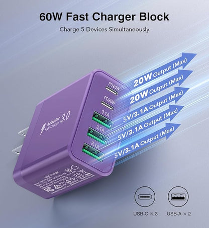 [2-Pack] USB C Wall Charger, 60W Fast USB C Charger Block, 5-Port PD Power Adapter + QC Wall Plug Multiport Type C Charging Block Cube Compatible with iPhone 17 16 15 14 13 12 Pro Max XR XS, Purple
