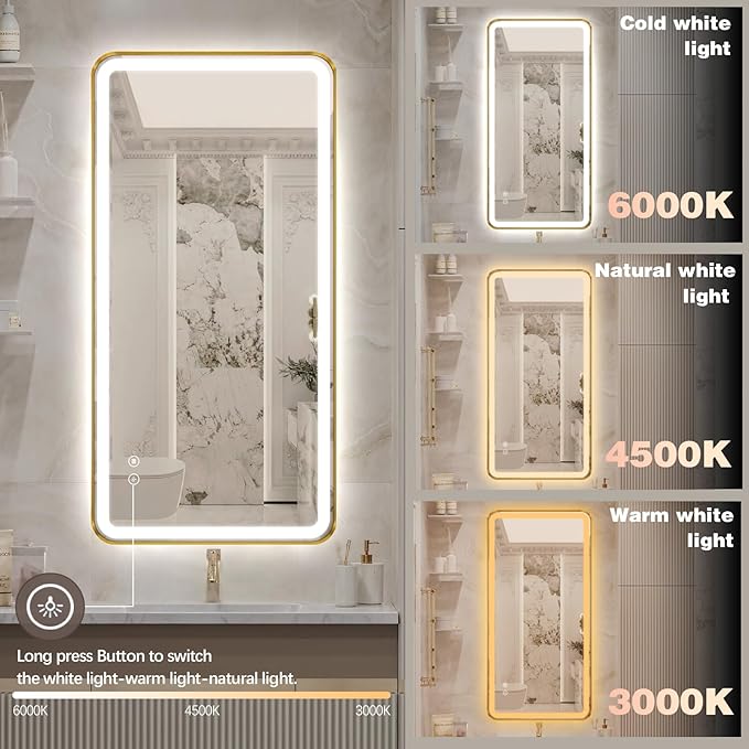 48"x24" Lighted Vanity Mirror with Lights, Gold Metal Frame Led Mirror for Bathroom, Anti-Fog Wall Mirror with Front and Backlit, Shatterproof, 3 Colors Stepless Dimmable, Horizontal/Vertical
