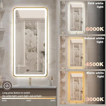 48"x24" Lighted Vanity Mirror with Lights, Gold Metal Frame Led Mirror for Bathroom, Anti-Fog Wall Mirror with Front and Backlit, Shatterproof, 3 Colors Stepless Dimmable, Horizontal/Vertical