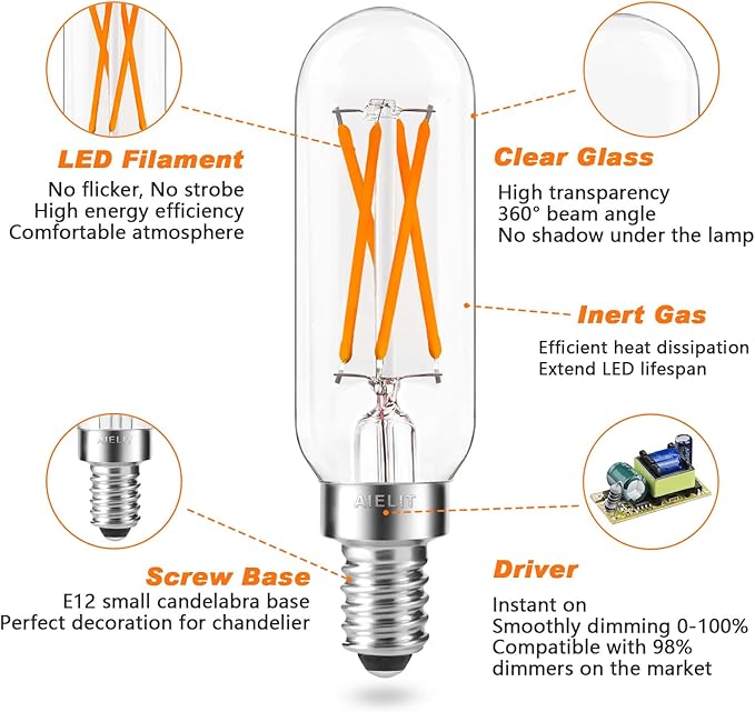 40W Equivalent Candelabra Dimmable T8 T6 Vintage Light Bulb, E12 Small Chandelier Base, 4-Watt Tubular LED Filament Bulbs Amber Warm 2200K for Display Cabinet Piano, 400 lm, 4-Pack
