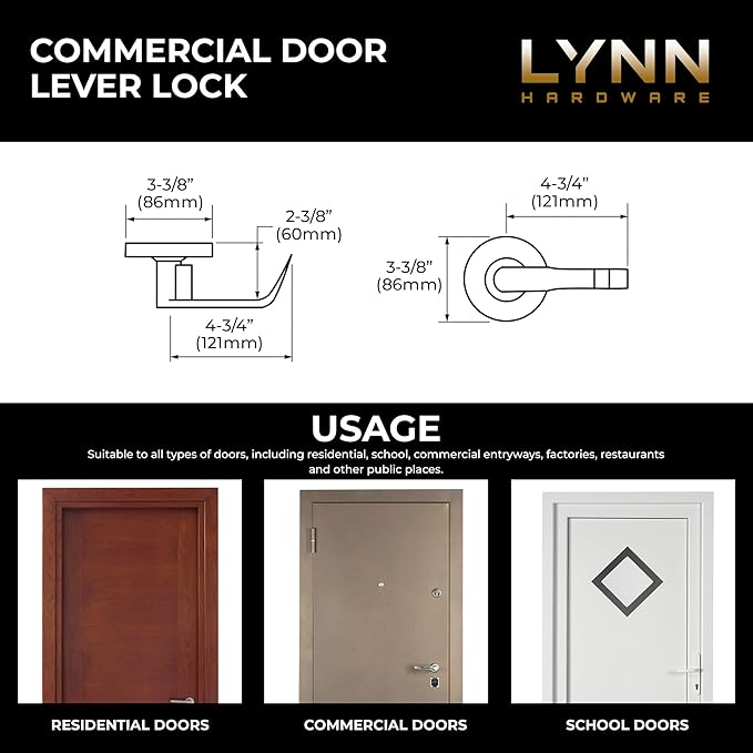 LYNN HARDWARE Classroom Commercial Door Lock - Heavy-Duty Designer Handles for Doors - Durable Grade 2 Indoor Locks for Doors - Cylindrical Lever Door Handle Lock - Satin Chrome